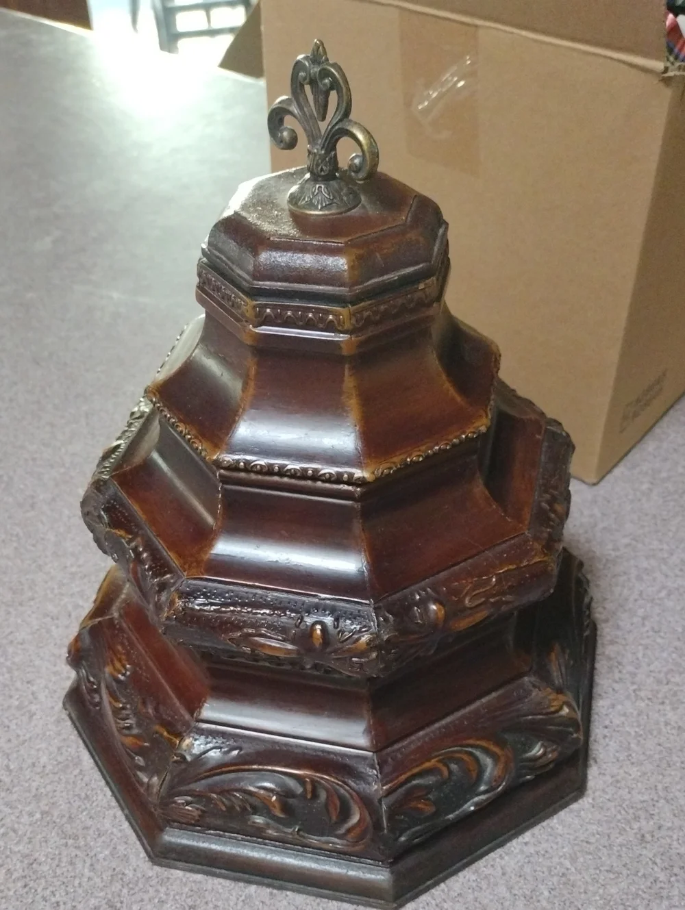 RARE Vintage Ornate Brown Decorative Wood Carved Accent Stash Box Brass Finial
